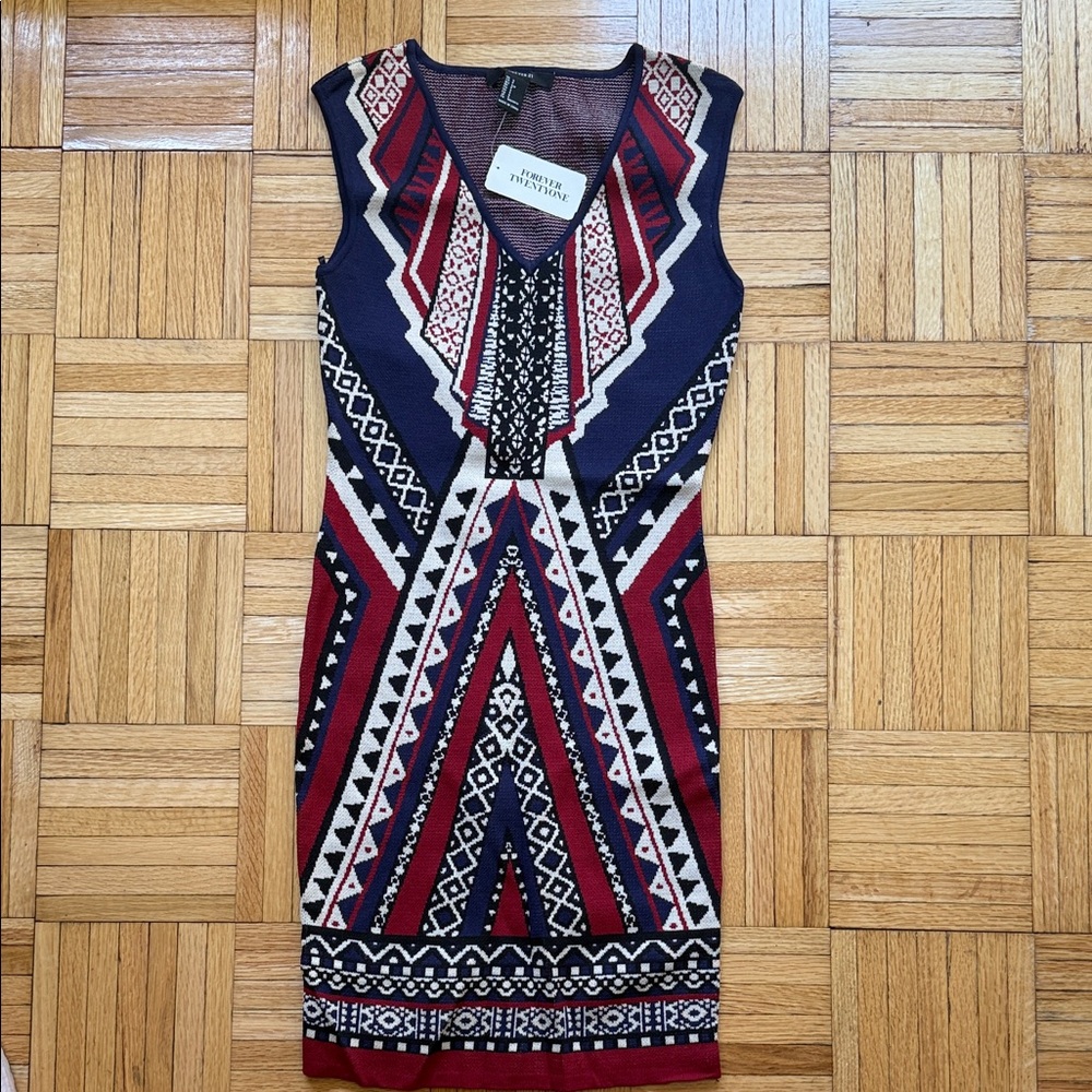 Trina Turk Navy, Burgundy & Cream Geometric Knit Mini Dress